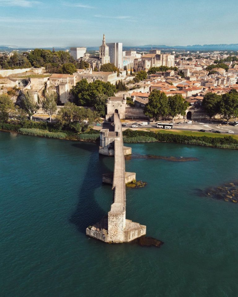 Aerial View of Avignon's Historic Bridge and Cityscape